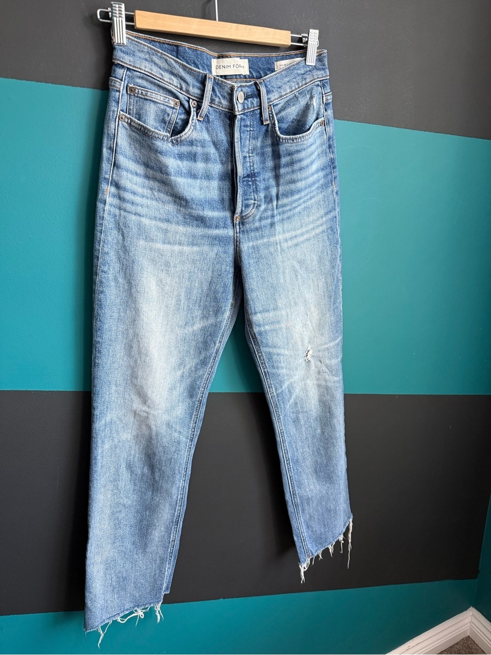 Denim Forum Light Blue Denim Jeans with Tan Stitching The Arlo Highrise Straight - Picture 2 of 14